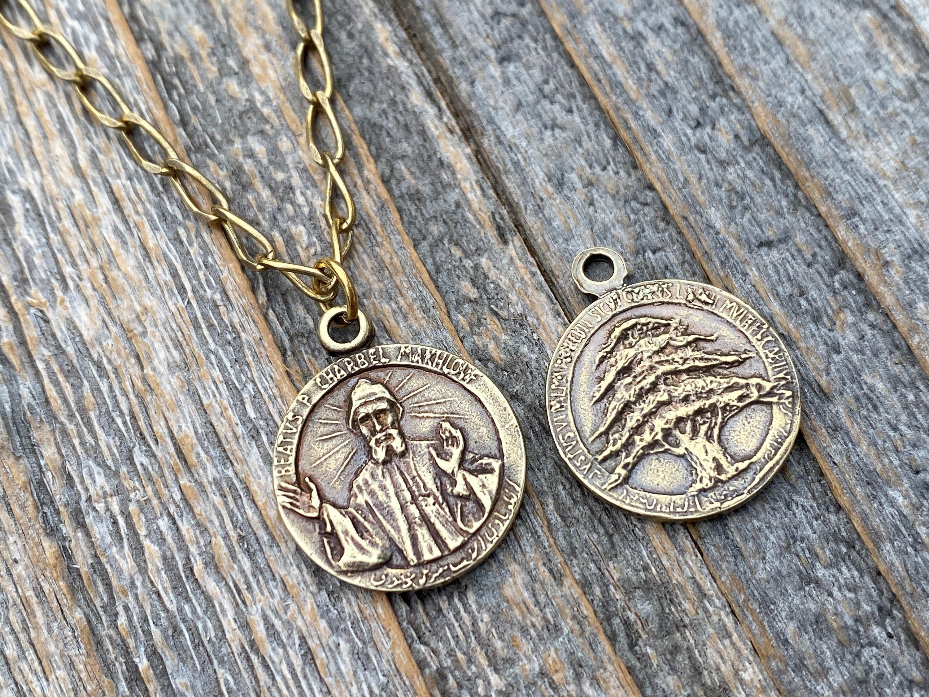 Antiqued Gold St Charbel Makhlouf Medal Pendant Necklace -  Israel