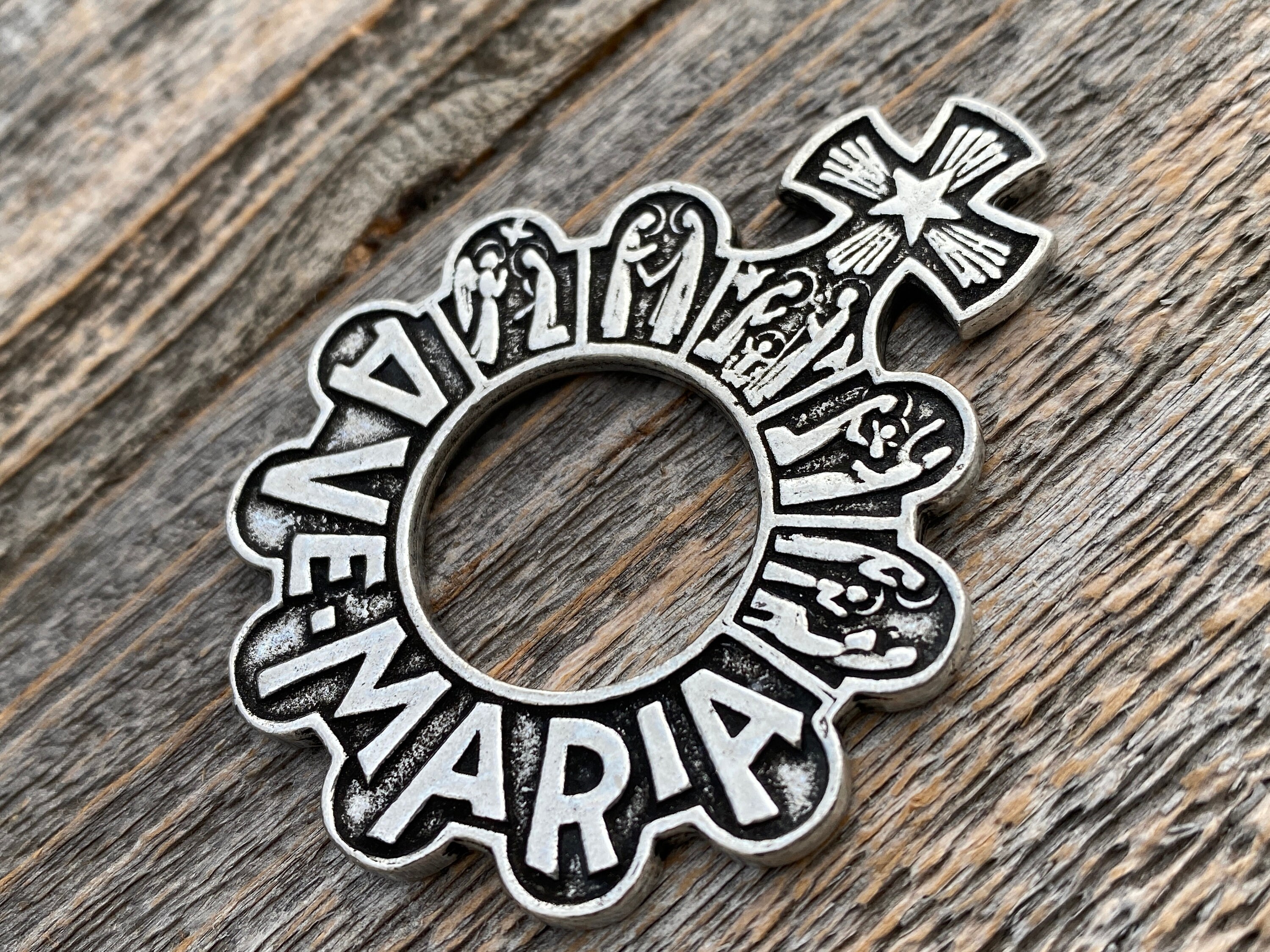 Antiqued Pewter Large Finger Rosary Ring French Antique Replica