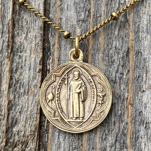 Antiqued Gold Small French St Benedict Medal Pendant Necklace, Antique Replica, Crux Sancti Patris Benedicti, Holy Father Saint Benedict