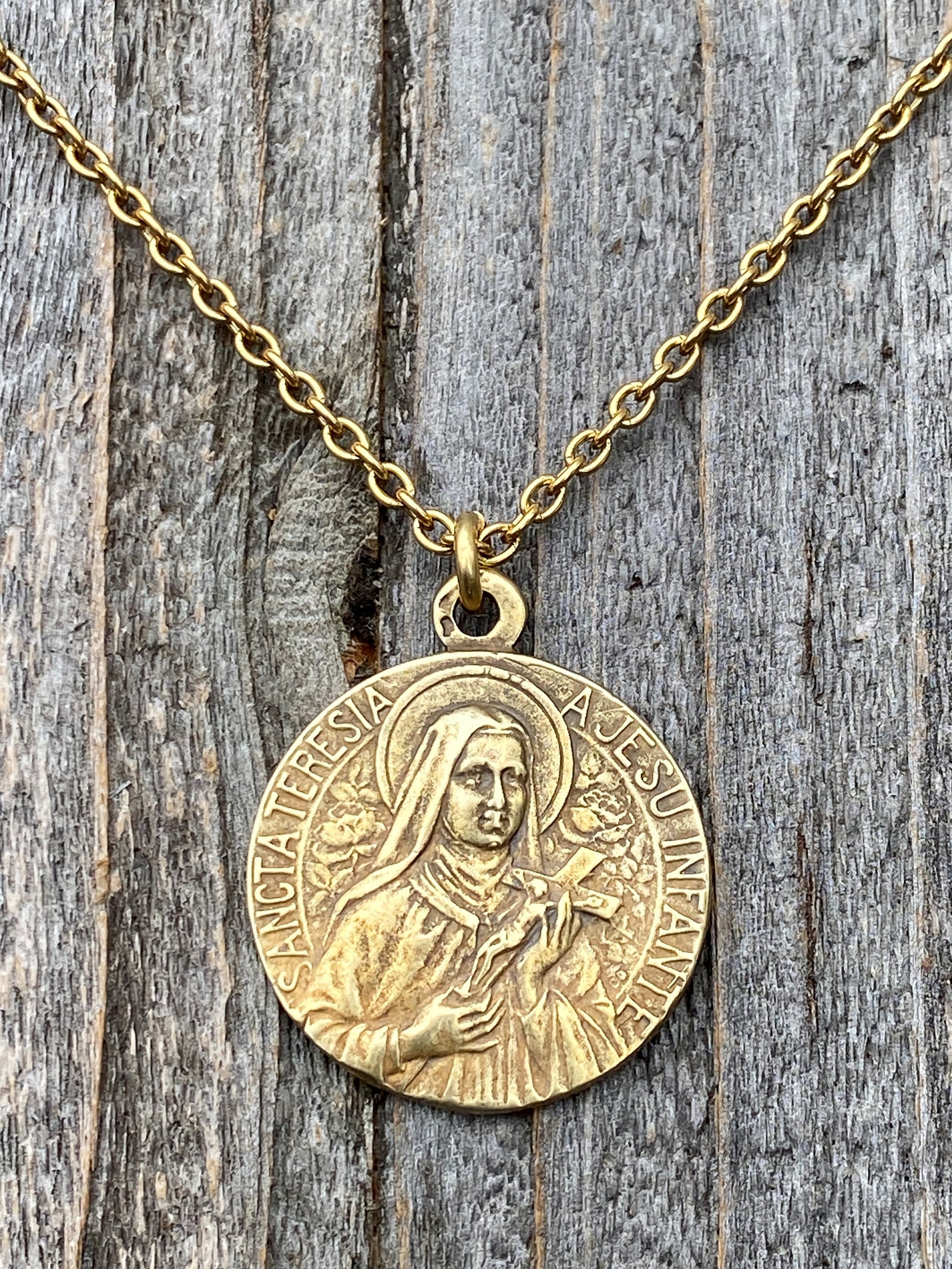 Antiqued Gold Rare St Thérèse of Lisieux Medal Necklace, French