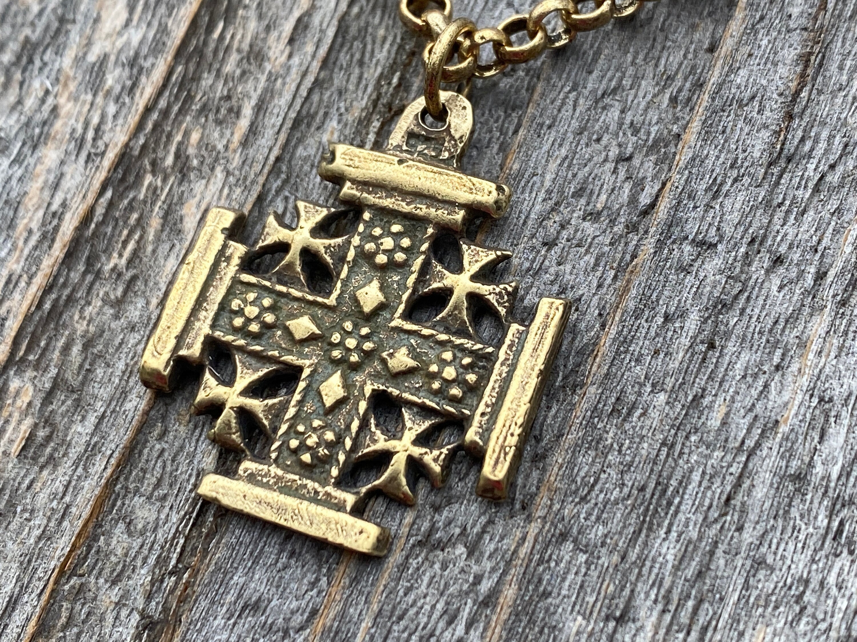 Antiqued Gold Trinity Crucifix Pendant and Necklace Antique -  Portugal