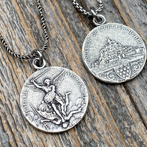 Sterling Silver St Michael Medallion Necklace, Antique Replica French Saint Michael the Archangel Pendant, Souvenir of Mont St Michel France