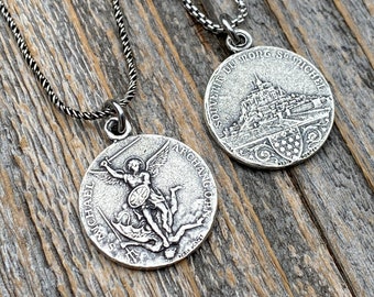 Sterling Silver St Michael Medallion Necklace, Antique Replica French Saint Michael the Archangel Pendant, Souvenir of Mont St Michel France