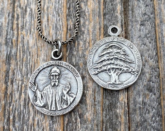 Sterling Silver St Charbel Makhlouf Medal Pendant Necklace, Replica of Rare Saint Sharbel Charm, Lebanese Saint, Miraculous Intercessor