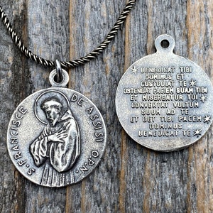 Sterling Silver St Francis of Assisi Blessing Medal Pendant on Necklace, Antique Replica of French Latin Medallion, May the Lord Bless You