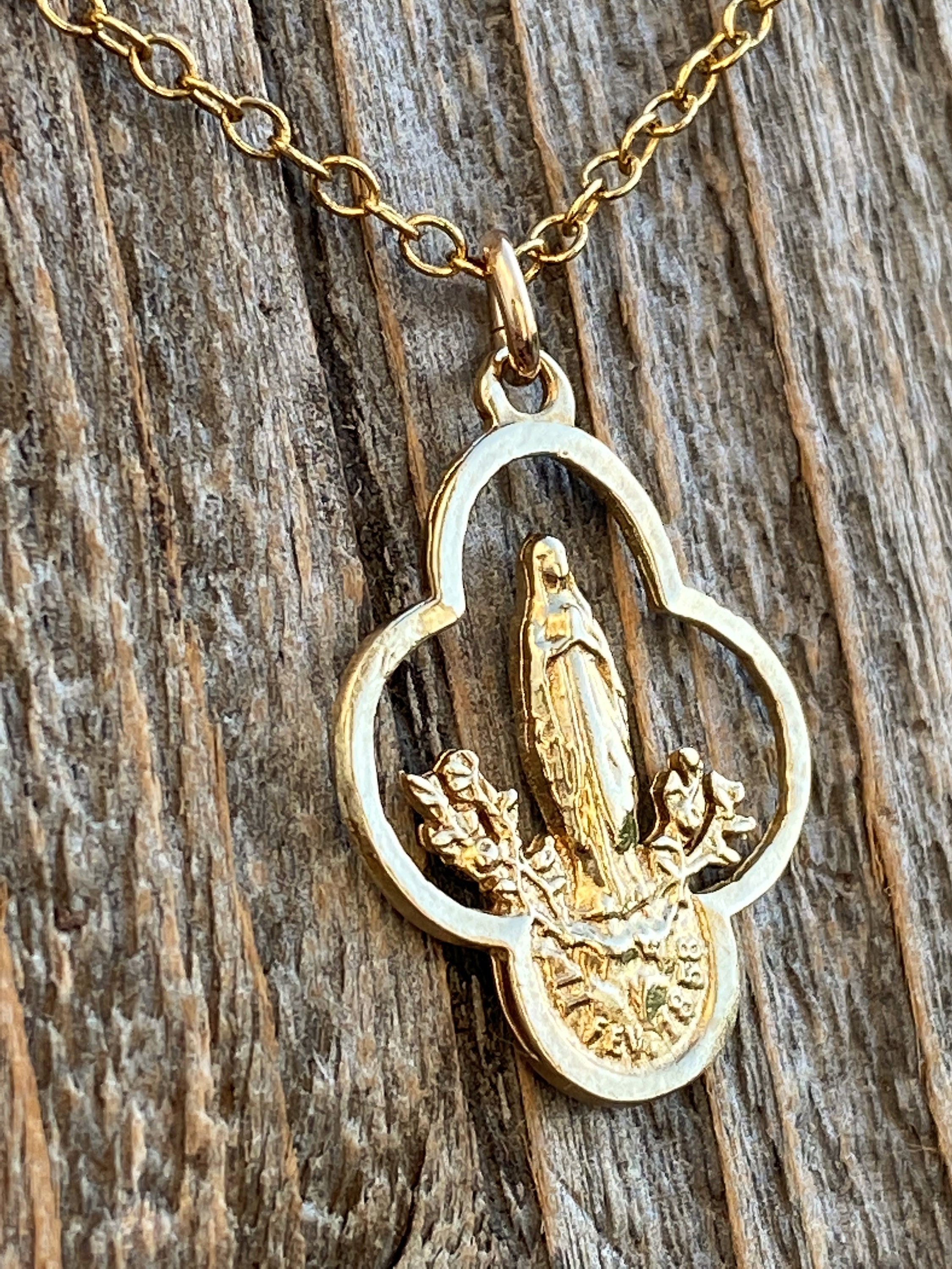 Gold Our Lady of Lourdes Pendant, Hand Cast Antique Replica of a Notre ...