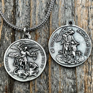 Sterling Silver St Michael the Archangel & GuardianAngel Medal Pendant on Necklace, Antique Replica Rare Two-Sided Protection Medallion, M3
