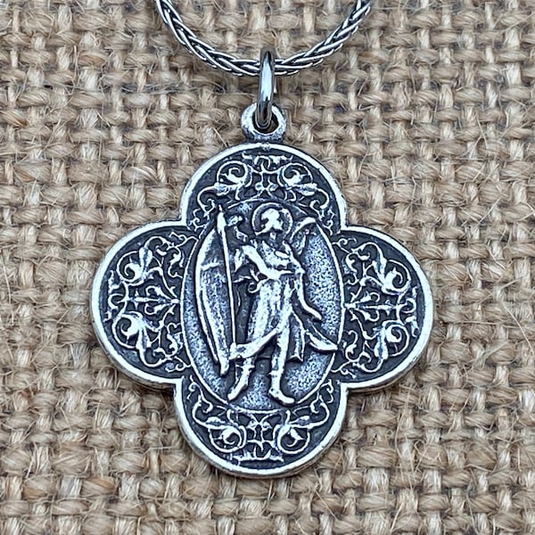 Sterling Silver, Antique Replica, St. Raphael the Archangel, Angel of Healing, Oxidized Wheat Spiga Chain Necklace, Saint Illness, .925