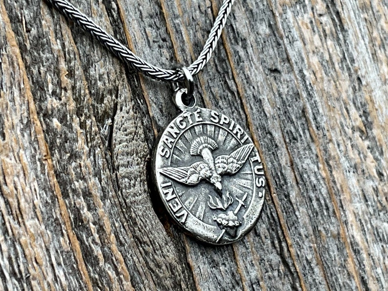 Sterling Silver Come Holy Ghost Medal, Holy Spirit Pendant Necklace, Antique Replica, Sacred Heart of Jesus, Veni Sancte Spiritus, VSS-1 image 2