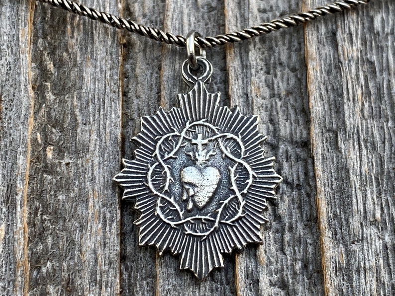 Petite French Sterling Silver Sacred Heart of Jesus Medal Pendant on ...
