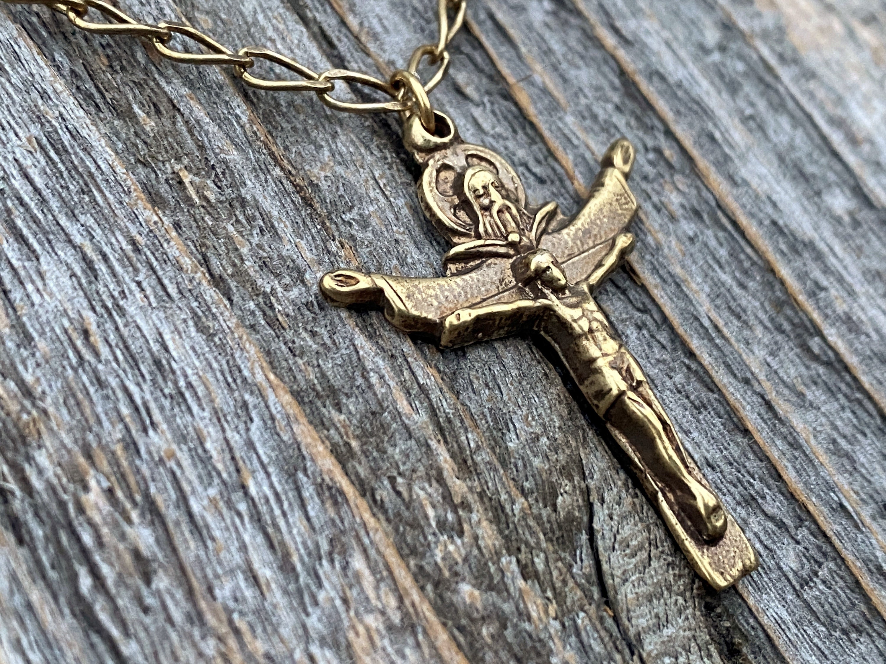 Antiqued Gold Trinity Crucifix Pendant and Necklace Antique -  Portugal