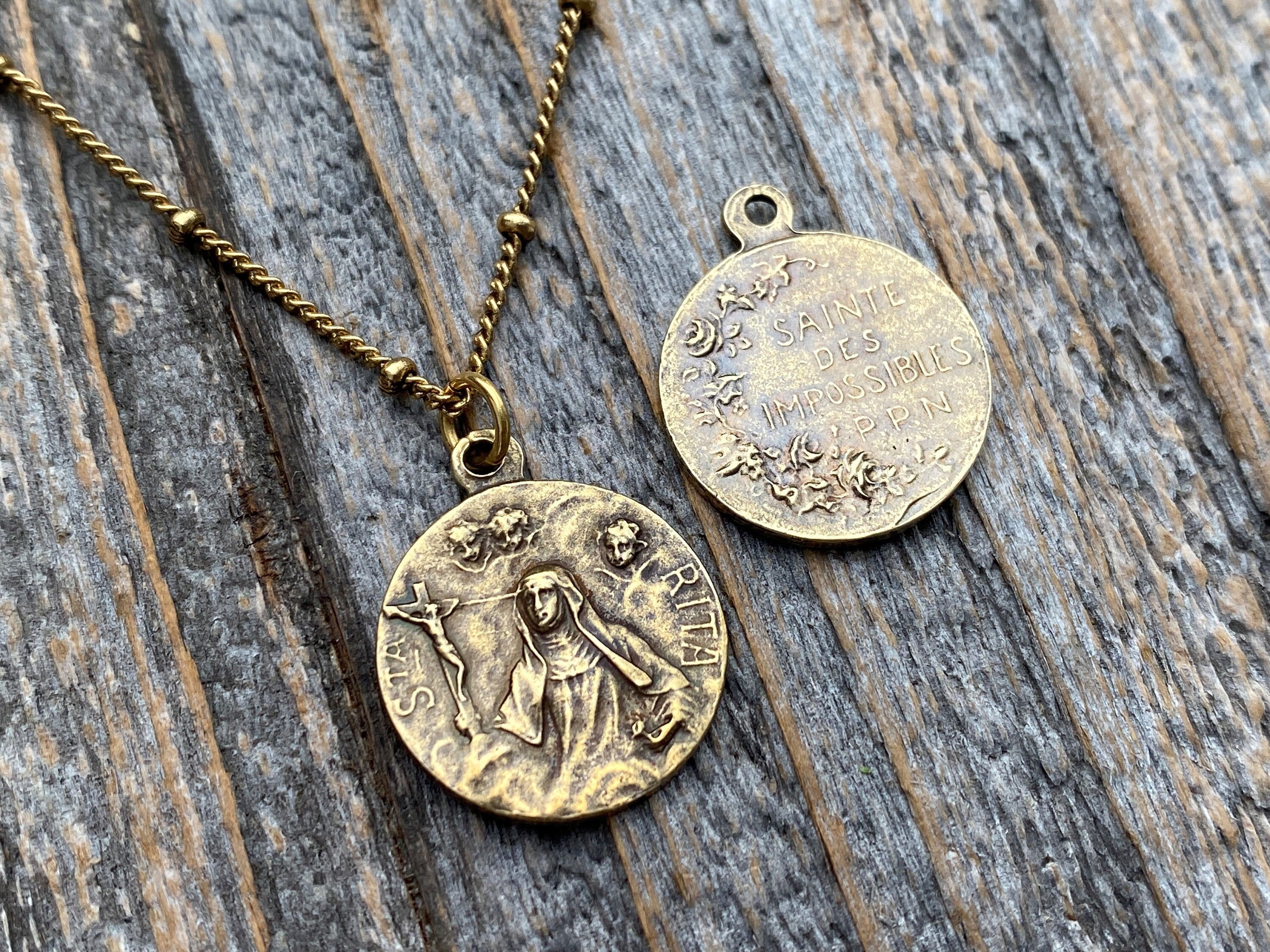 Antiqued Gold St Rita of Cascia Medal Pendant Necklace, Antique Replica, Saint Rita Medallion Charm from France, Saint of the Impossible