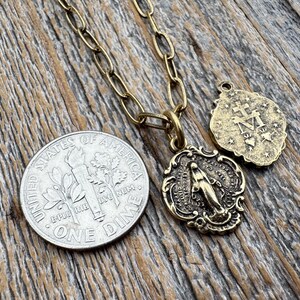 Antiqued Gold Small Miraculous Medal Pendant, Hand Cast Antique Replica of an Art Nouveau Blessed Virgin Mary Medallion MM3