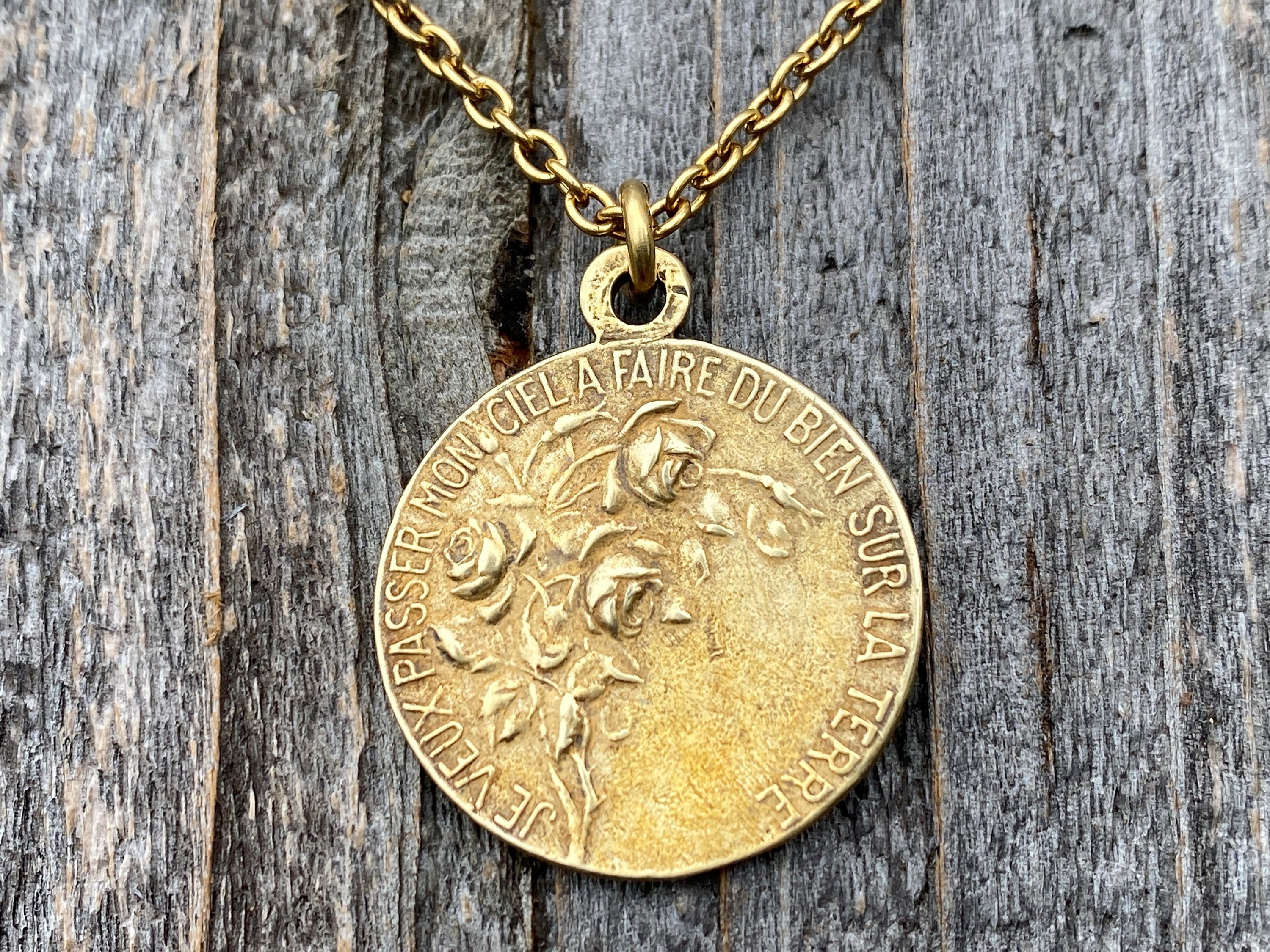 Antiqued Gold Rare St Thérèse of Lisieux Medal Necklace, French