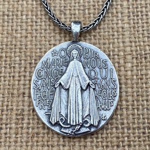 Sterling Silver French Miraculous Medal Pendant Necklace, Antique Replica, Large Miraculous Medallion, Big Blessed Virgin Mary Pendant, MM1