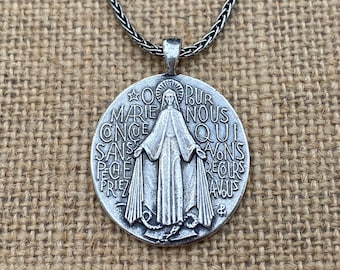 Sterling Silver French Miraculous Medal Pendant Necklace, Antique Replica, Large Miraculous Medallion, Big Blessed Virgin Mary Pendant, MM1