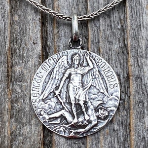 Sterling Silver St Michael Medal Pendant & Necklace, Antique Replica of Rare French Medallion by Artist Tricard, Latin Ora Pro Nobis, M2