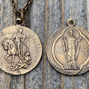 Bronze Latin St Martin of Tours Medal Pendant Necklace, French Antique Replica, Sanctus Martinus Turonensis Bishop of Tours, by Penin Lyon