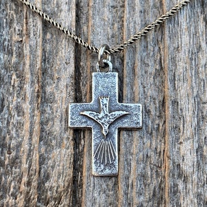 Sterling Silver Small Descending Holy Spirit Cross Pendant Necklace, Antique Replica, Descending Dove Fire Medal, Veni Sancte Spiritus, C1