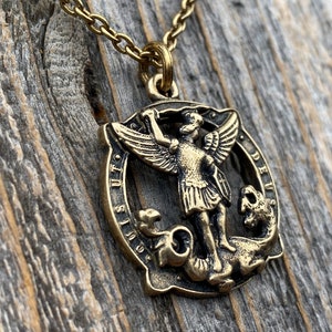 Antique Gold Latin St Michael Quis Ut Deus Rare Medallion Necklace, Antique Replica Saint Michael the Archangel, Protection Medal Pendant