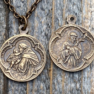 Bronze Saint Anthony of Padua Medallion & Necklace, Antique Replica of Rare French Latin Medal, Two-Sided Pendant with St Francis of Assisi