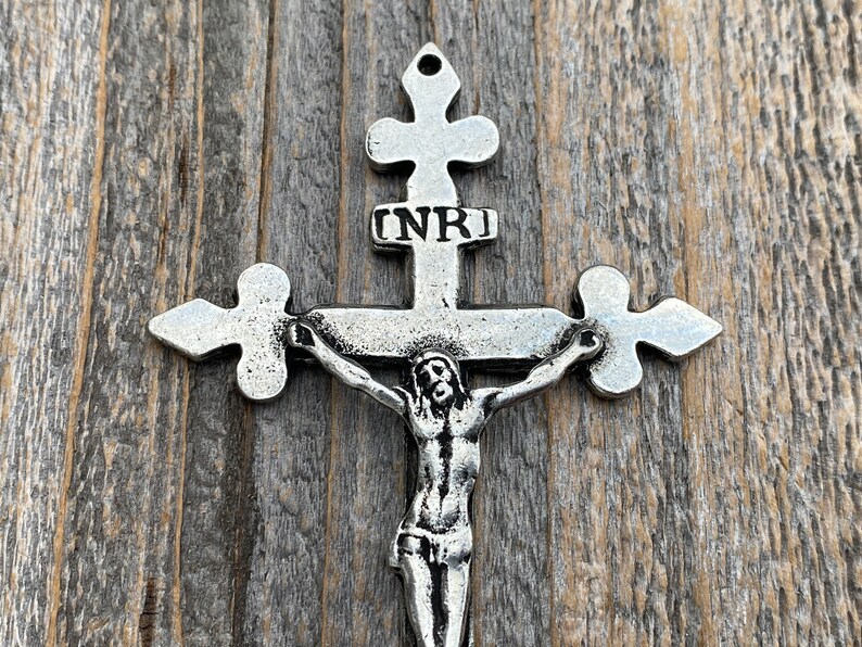 Inri Cross Inscription Design Antiqued Pewter Large Miraculous Medal Rosary Center And/or Crucifix ...