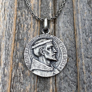 Sterling Silver St Francis of Assisi Medal Pendant Necklace, French Antique Replica, By L. Tricard, Saint Francois D&#39;Assise Priez Pour Nous