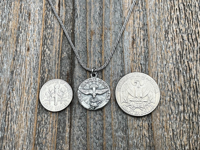 Sterling Silver Come Holy Ghost Medal, Holy Spirit Pendant Necklace, Antique Replica, Sacred Heart of Jesus, Veni Sancte Spiritus, VSS-1 image 5