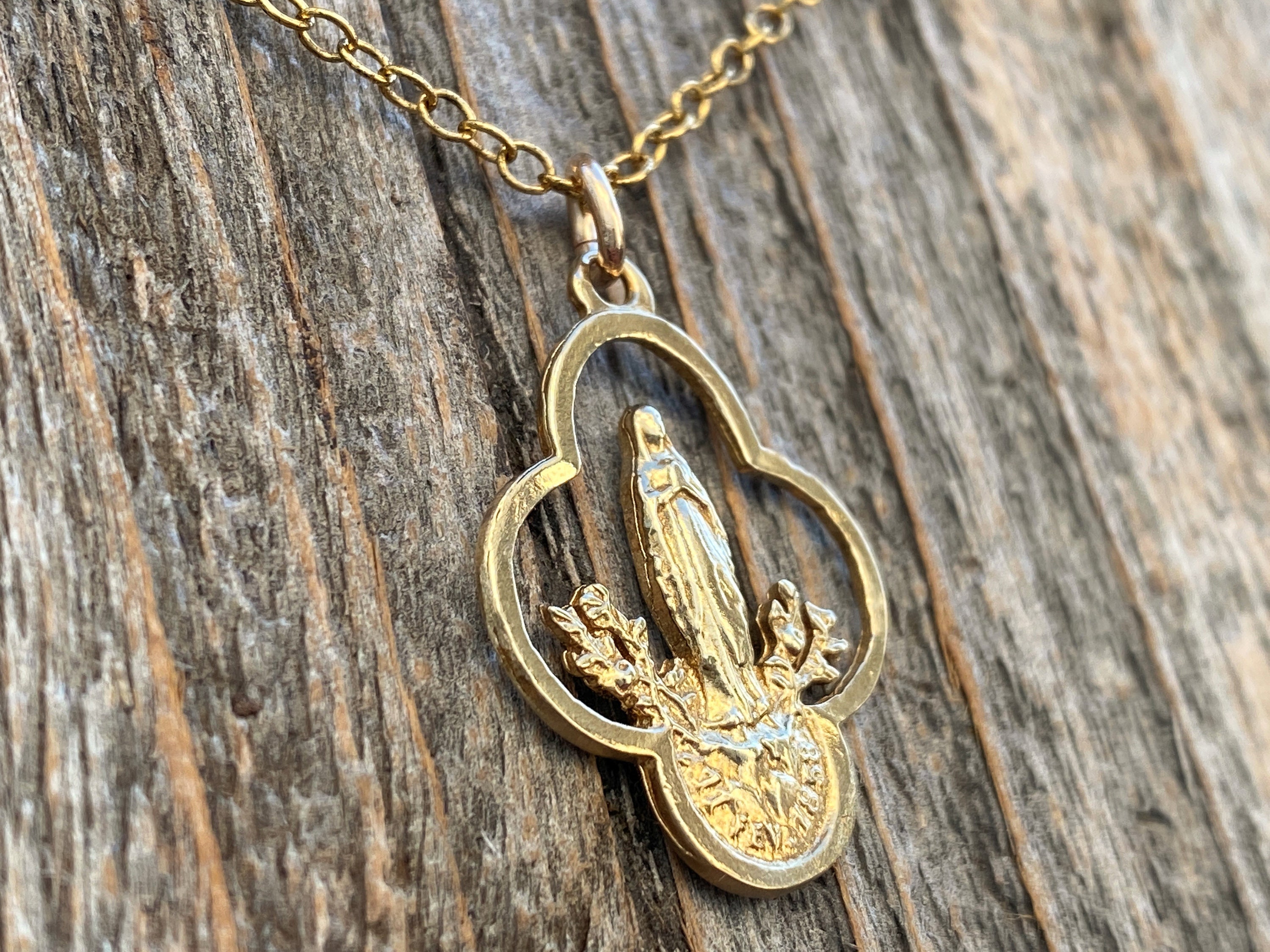Gold Our Lady of Lourdes Pendant, Hand Cast Antique Replica of a Notre ...