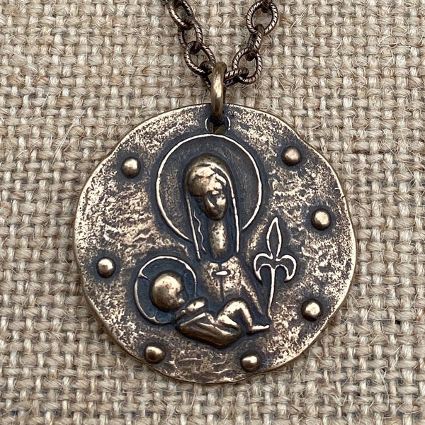 Bronze Virgin Mary & Baby Jesus, Antique Replica, Large Medal Pendant Necklace, Fleur de Lis, Our Lady, Holy Mother, Ellie Elie Pellegrin