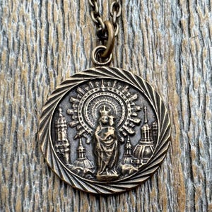 Bronze Our Lady of the Pillar Medal Pendant Necklace, Antique Replica, Blessed Virgin Mary, Spain, Nuestra Señora del Pilar, of the Pilar