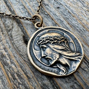 Bronze Jesus Christ Pendant Round Medallion, Our Lord with Crown of Thorns, French Antique Replica Medal, Artists Augis & Mazzoni France
