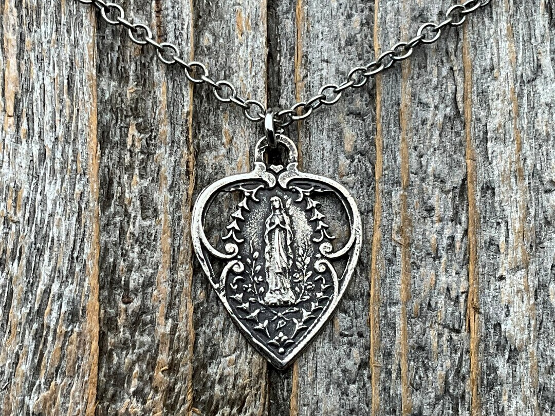 Sterling Silver Our Lady of Lourdes Heart Pendant, Hand Cast Antique ...
