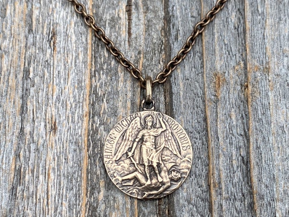 Antiqued Gold Miraculous Medal Pendant on Satellite Chain Necklace