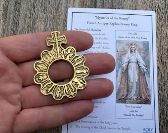 Antiqued Gold Large Finger Rosary Ring, French Antique Replica, Depicts 15 Mysteries of the Rosary, Rare Dizainier, Ave Maria Pocket Rosary