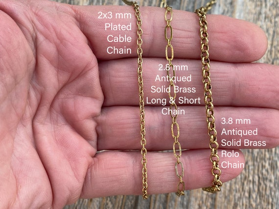 Antiqued Gold Chain Necklace (NEW) Any Length, Rolo & Long-Short Link Styles, SOLID Brass to Match Antique Gold Vintage Pendants and Medals