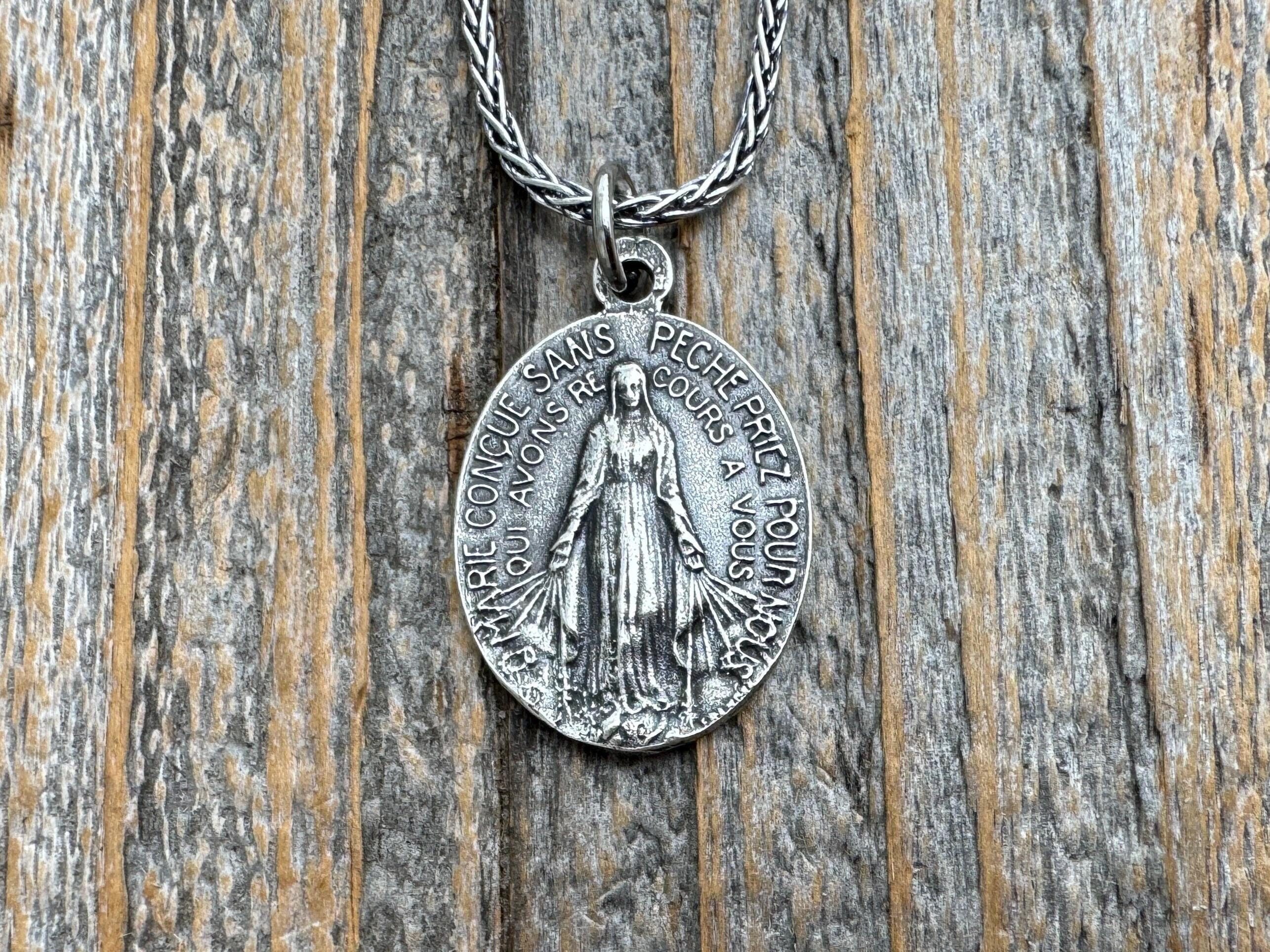 Sterling Silver Oval French Miraculous Medal Pendant, Antique Replica of Rare Adolph Penin Signed Miraculous Medallion from France, Antiqued