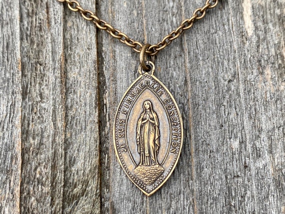 Bronze Immaculate Conception Sacred Heart of Jesus French Antique Replica Medal Necklace Our Lady of Lourdes Signed Penin Lyon France Etsy Australia