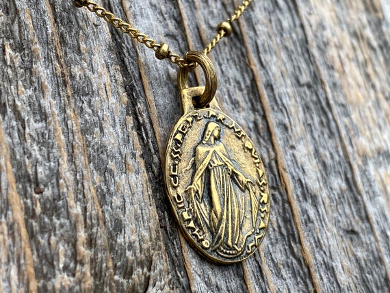 Antiqued Gold Miraculous Medal Pendant on Satellite Chain Necklace