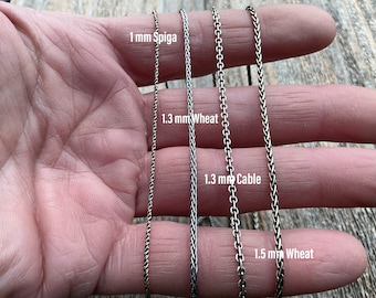 Oxidized .925 Sterling Silver Chain Necklace - Chain Style, Thickness and Length Options - Wheat, Spiga, Cable, or Foxtail Style