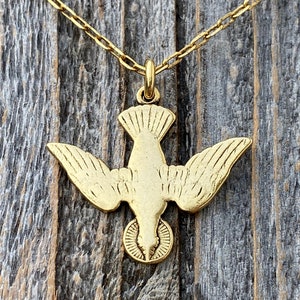 Antiqued Gold Holy Spirit Dove Pendant on Necklace, French Antique Replica Descending Dove Pendant, Descending Holy Spirit Medallion Charm