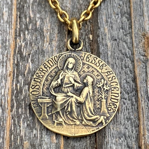 Antiqued Gold St Anne Medal Pendant Necklace, Antique Replica, French Artist Louis Tricard, Holy Anna Ora Pro Nobis, Saint Anne Pray for Us