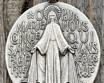 Sterling Silver French Miraculous Medal Pendant Necklace, Antique Replica, Large Miraculous Medallion, Big Blessed Virgin Mary Pendant, MM1