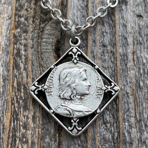 Silver St Joan of Arc Medal Pendant Necklace, Antique Replica of Rare French Medallion, Saint Jeanne d'Arc Fleur de Lis Medal from France