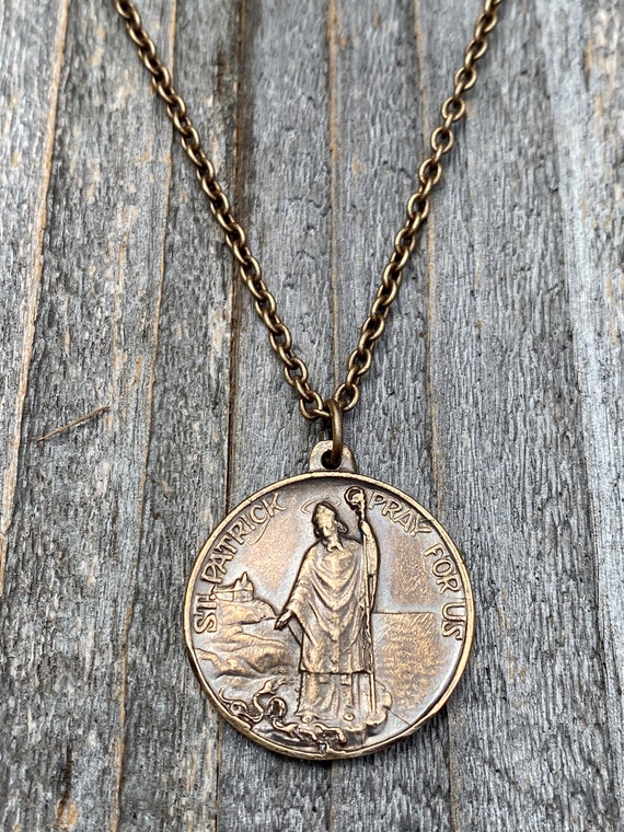 Bronze St Patrick Medal Pendant and Chain Necklace Antique