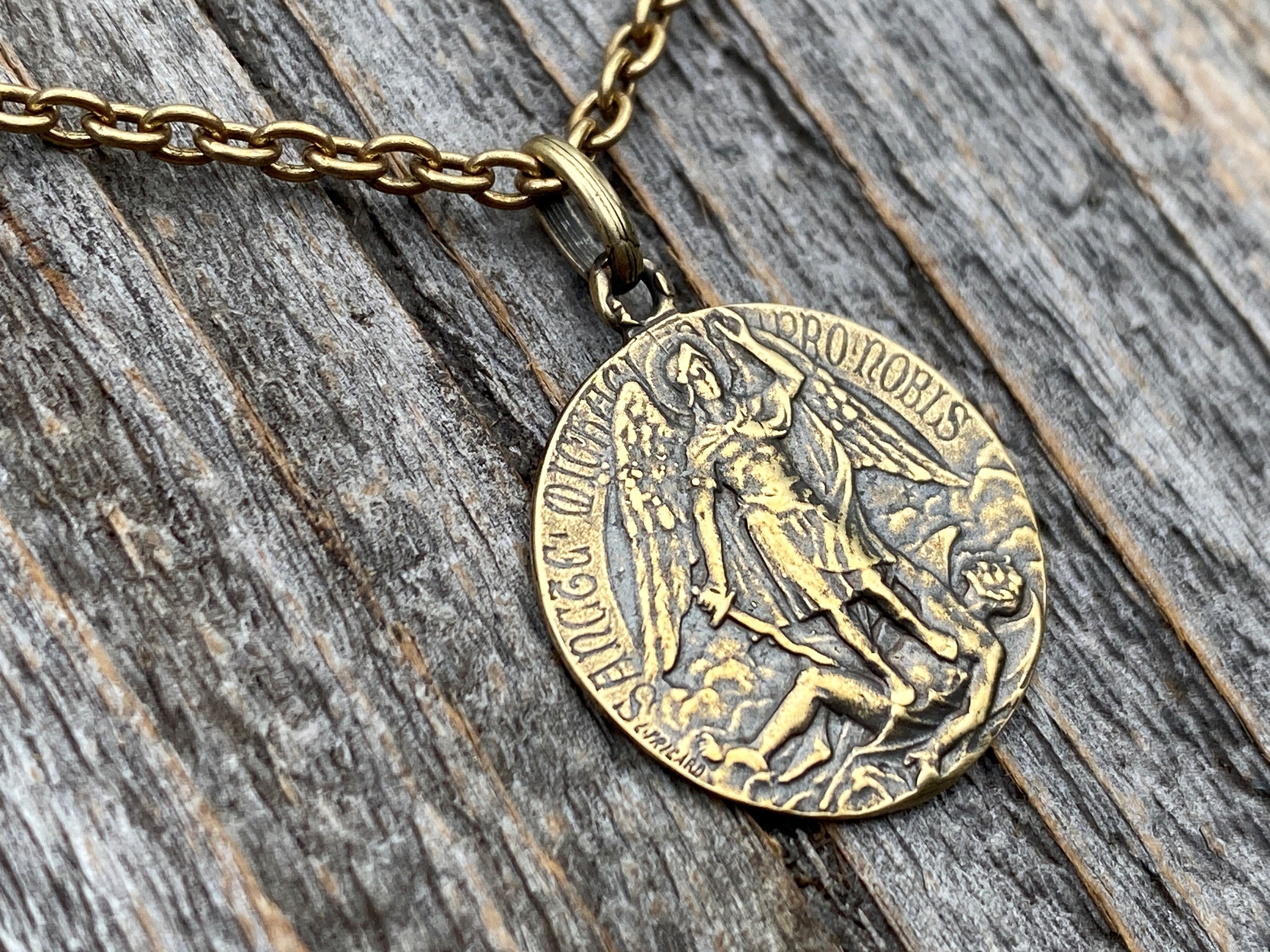Antiqued Gold St Michael Medal Pendant Necklace Rare French