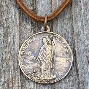 Bronze St Patrick Medal and Suede Necklace, Rare, Antique Replica, Saint Patrick, Irish Catholic Gift, Patron Saint of Engineers, Ireland