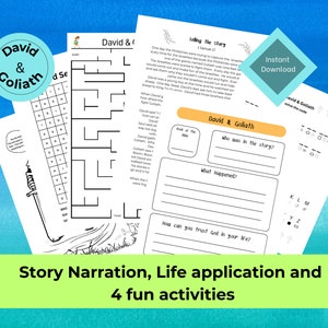 May include: A printable set of educational activities for children based on the biblical story of David and Goliath. The set includes a maze, a word search, a code breaker, and a story narration page. The activities are designed to help children learn about the story of David and Goliath and its life application.