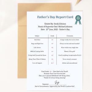 ¡Un regalo divertido para el Día del Padre! Tarjeta para papá / Tarjeta de Feliz Día del Padre / Boletín de calificaciones del Día del Padre / De mi hija / De mi hijo / Lindo y divertido