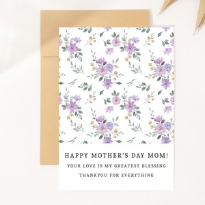 Tarjeta floral para el Día de la Madre / Tarjeta de Feliz Día de la Madre / Tarjeta imprimible con flores moradas para mamá / Tarjeta de agradecimiento para mamá / Descarga instantánea